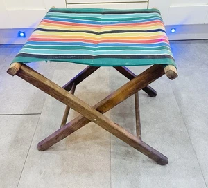 Vintage Holz Klapphocker Candy Stripe Nylon Sitz Camping Angeln 70er Jahre - Bild 1 von 13
