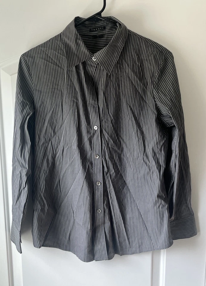 Женская теория размер большой черный белая полоса кнопка вверх длинным рукавом платье рубашка - Изображение 1 из 3