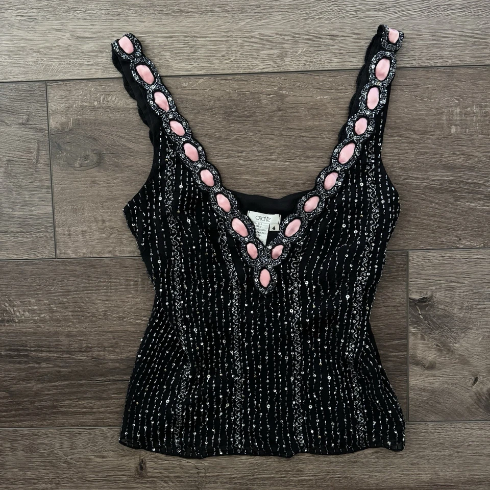 Top de seda con cuentas icónico negro y rosa Y2k caché talla 4 nuevo con etiquetas Foto 1 de 4