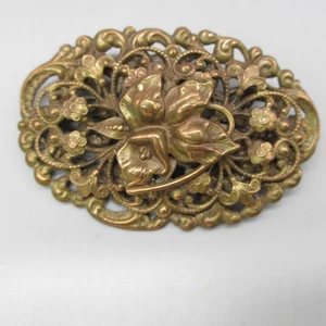 Vintage Art Nouveau Brass Filigree Floral Brooch Pin Ornate Flower Jewelry - Picture 1 of 7