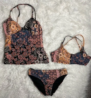 Conjunto de traje de baño Garnet Hill Tankini bikini naranja negro con tiras: ¡3 piezas! Foto 1 de 4