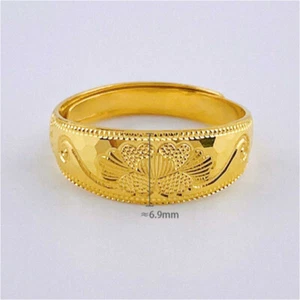 Pure 999 24K Yellow Gold Flower Men Women Wide Band Rings Adjustable 3.23-3.4g - Picture 1 of 5