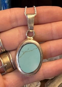 Vintage Oval Turquoise Cabochon 925 Sterling Silver Necklace 22 In - Picture 1 of 10