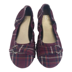 Cato Womens 7M Red Black White Plaid Ballet Flats Scrunch Buckle Shoes Slip Ons - Picture 1 of 9
