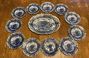 Plato de pavo ovalado azul flujo grande vintage raro de 18 x 14" + 11 platos de 9" -- 7542 - Imagen 1 de 23
