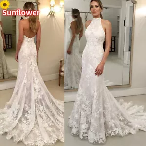 Beach Mermaid Wedding Dresses Lace Applique Halter Neck Backless Bridal Dresss - Picture 1 of 7