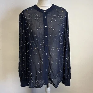 Monsoon Blouse Size 16 Navy Blue Sequin Star Moon Pattern Sheer New With Tags - Picture 1 of 9