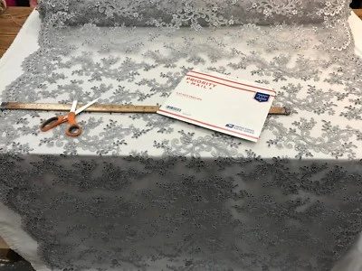 Tela de encaje de malla bordada gris/plateada por yarda_ encaje floral/manteles, disfraz Foto 1 de 4