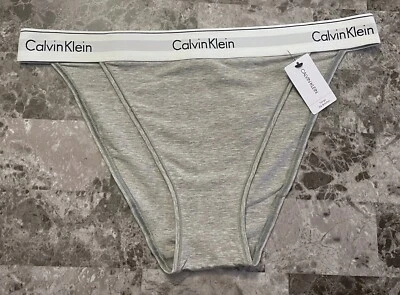NWT CALVIN KLEIN XL GRAY WHITE STRIPE THICK LOGO WAISTBAND TANGA CHEEKY PANTIES - Image 1 of 4