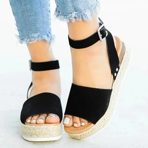 Sandalias de verano para mujer punta abierta hebilla correa para el tobillo forma plana cuña, talla 7,5, negras - Imagen 1 de 3