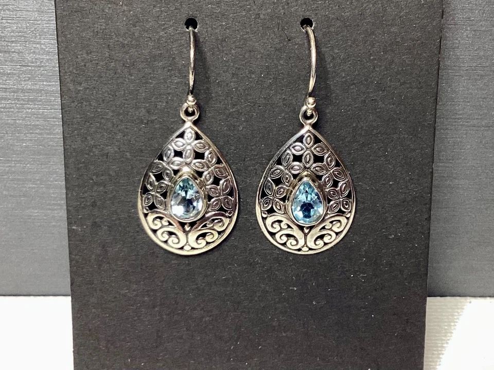 Sterling Silver 925 Filigree Blue Topaz Dangle Pierced Earrings Jewelry - Image 1 of 4