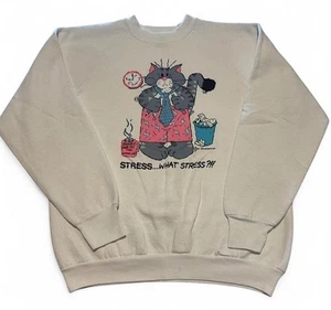 Vintage Granny Core Cat Crewneck Sweatshirt Size Large White Graphic Print Funny - Picture 1 of 4