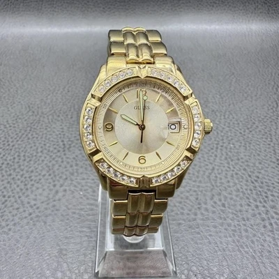 GUESS Watch Womens Gold Tone Crystal Bezel Date Quartz 44mm NEW BATTERY WORKS - Image 1 of 4