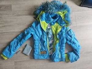 Sportalm Jacke Gr 32 /34 XxS Blau Racoon Fell Kaputze Neon Farbe. Mädchen Damen - Bild 1 von 24