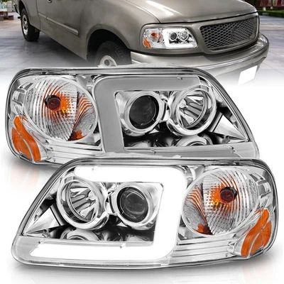 Juego de faros proyectores de lente transparente cromados con barra de luz para Ford F-150 1997-2003 Foto 1 de 4