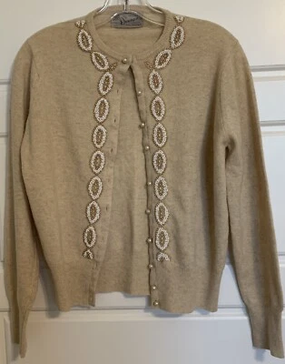 Suéter De Colección Downen LTD Importado Bronceado Perla Sead Adornado 100% Cachemira Foto 1 de 4