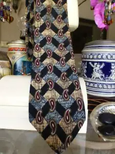 Albert Nipon Rare Vintage Silk Tie Paisley Geometric Blue Black Burgundy Vintage - Picture 1 of 5
