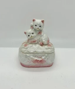 Vintage Lusterware Pink White Two-Kitten Heart Shaped Trinket Vanity Box Cat - Picture 1 of 9