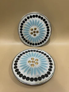 Vintage Pair Mosiac Tiles Blue Black Flower Round Trivets 5 1/2” - Picture 1 of 8