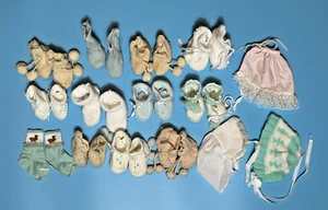 Vintage Crocheted Knitted Baby Booties Doll Shoes Bonnets Lot Of 15 - Picture 1 of 5
