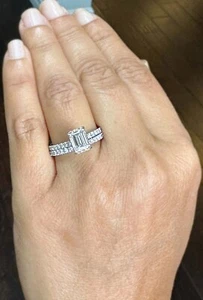 Emerald Simulated Diamond Engagement Ring And Band 14K Solid White Gold 2.55ctw - Picture 1 of 10