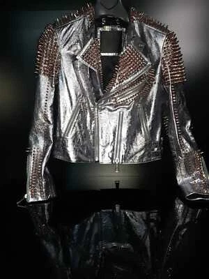 CHAQUETA MOTERA PHILIPP PLEIN DE CUERO CON TACHUELAS - PLATEADA. Foto 1 de 4