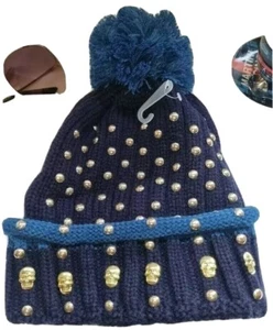 Knit Beanie Hat Blue Ladies Mens Winter Woolly Ski Cap New Gold Studs Skull - Picture 1 of 3