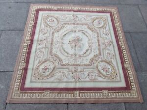Vintage Hand Made French Design Wool Beige Original Square Aubusson 146X141cm