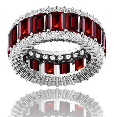 Anillo banda de eternidad baguette circonita cúbica granate rojo mujer plata declaración joyería nupcial Foto 1 de 4