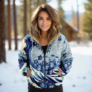Mujeres Invierno Polar Sudadera con Capucha Kimono Estampado de Gato Informal Cremallera Chaqueta con Capucha Suéter - Imagen 1 de 8