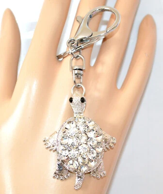 Portachiavi ciodolo donna argento tartaruga strass cristalli regalo UA4 - Immagine 1 di 3