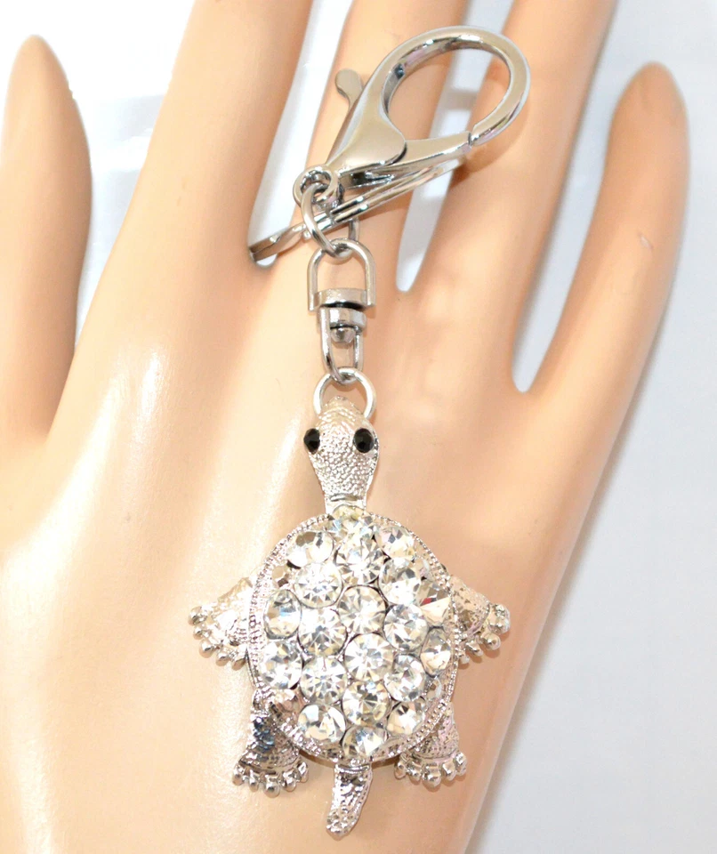 Portachiavi ciodolo donna argento tartaruga strass cristalli regalo UA4 - Immagine 1 di 3