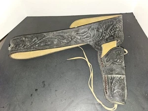 Fondina e cintura in pelle nera pesante lavorata WESTERN vintage - Foto 1 di 7