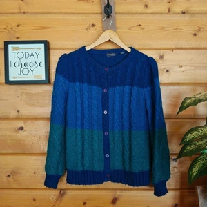 Cardigan maglione Langtry Too vintage anni 90 misto lana colorblock blu verde taglia L - Foto 1 di 8