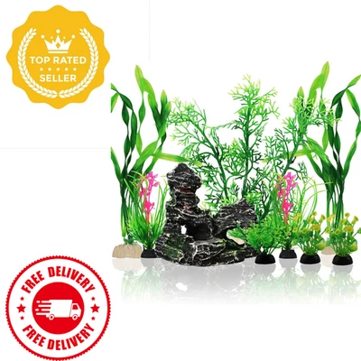 Juego de decoración verde resina roca plantas pecera decoraciones acuario 9 piezas Foto 1 de 4