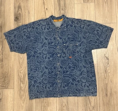 Camisa De Colección Quiksilver Denim QSD Abotonada XL Y2K Estampado Tropical Azteca Foto 1 de 4