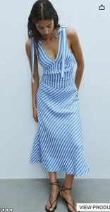 H&M LINEN-BLEND TIE-STRAP Striped Midi DRESS Medium RRP £44.99 Blue White NEW - Picture 1 of 17