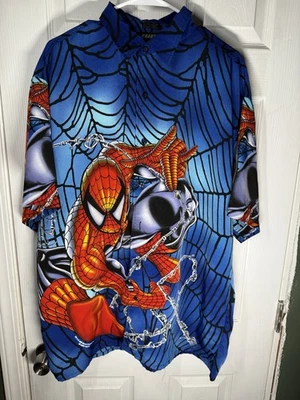 Spider-man Button Up Silk Shirt Men (XL) Blue Graphic All Over Print Y2K Changes - Image 1 of 4