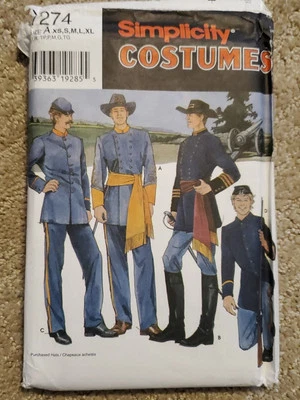 Simplicity 7274 Mens or Teen Civil War Costume Pattern XS S M L XL UC FF VTG OOP - Image 1 of 3