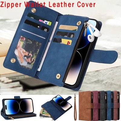Zipper Wallet Case Leather Flip Cover For iPhone 16 15 14 13 12 11 Pro Max 8 7+ - Image 1 of 4