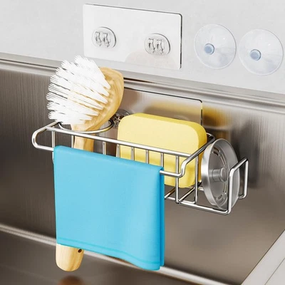 SUS304 Steel 4 in 1 Sink Caddy, Sponge Holder with Soap Rack, Silver - Image 1 of 4