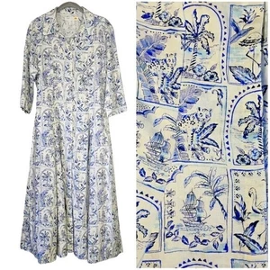 C&C California Maxi Dress Womens Small White Blue Linen Fit & Flare Tropical - Picture 1 of 14