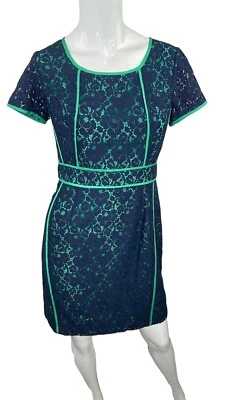 Cynthia Rowley Dress Sz 2 Green Blue Lace Overlay Floral Short Sleeve - Imagem 1 de 4