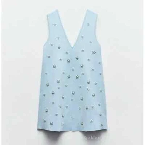 Zara Womens Mini Dress Size M Blue Knit Studded Beaded Rhinestone 2142/081 NWOT - Picture 1 of 10