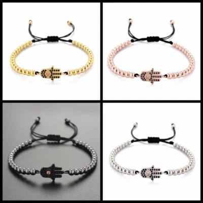Pulseras de macramé trenzado de cuentas de circón micro pavé de 4 mm chapadas en oro para hombre y mujer Foto 1 de 4
