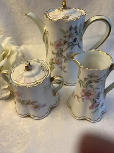 ANTIQUE H&C LIMOGES CHOCOLATE COFFEE POT SUGAR  CREAMER HAND PAINTED FLOWERS - Picture 1 of 9