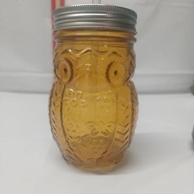 Tarro de vidrio para enlatar búho color dorado vidrio albañil vajilla 5" de alto con tapa y pajita Foto 1 de 4