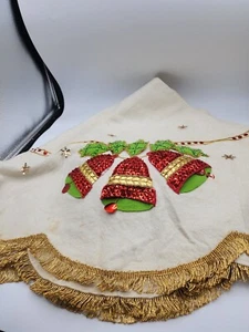 Vintage Kitsch Felt Christmas Tree Skirt With Sequins 44" Bells and Holly - Picture 1 of 10
