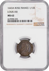 FRANCE LOUIS XIII 1643-A 1/12 ECU SILVER COIN, NGC CERTIFIED UNCIRCULATED MS62 - Picture 1 of 4