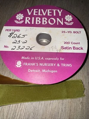 Vintage Olive Green Velvet Satin Back Ribbon  25 Yards Bolt Made In USA Detroit - Image 1 of 4